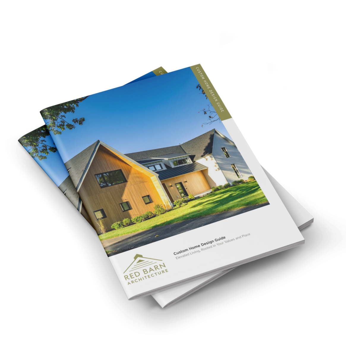A booklet titled 'Custom Home Design Guide' by Red Barn Architecture featuring a modern house with wooden and white exterior walls and a sloped roof, set against a clear blue sky and green lawn.