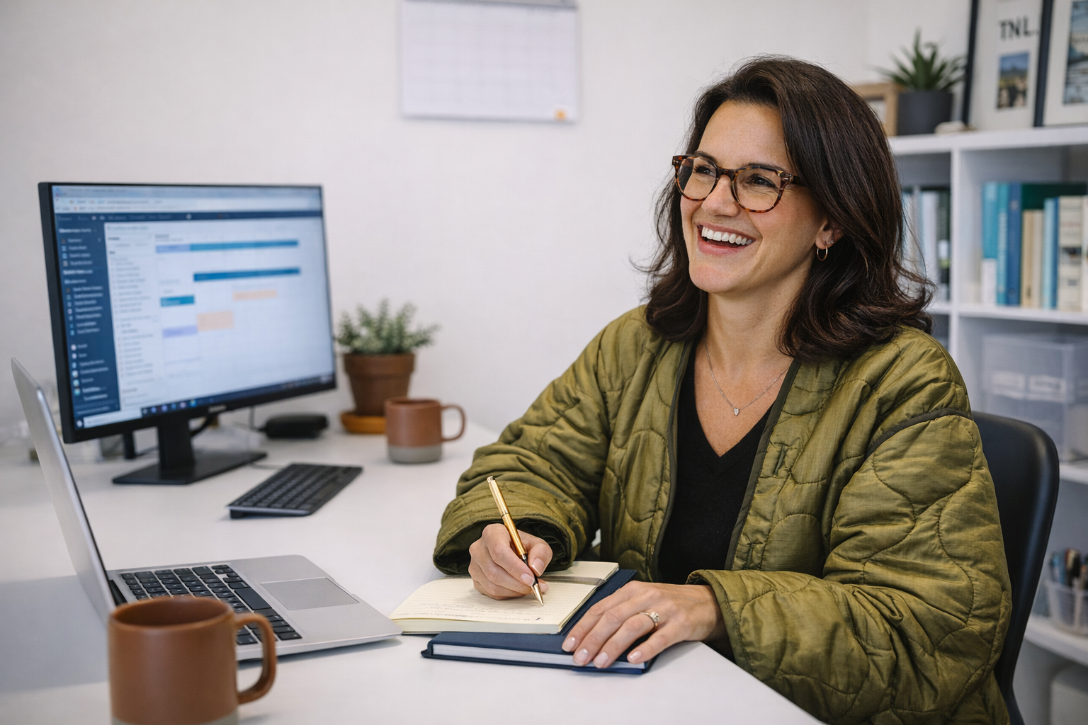 A woman sitting at a desk in front of a computer, smiling and writing in a notebook.