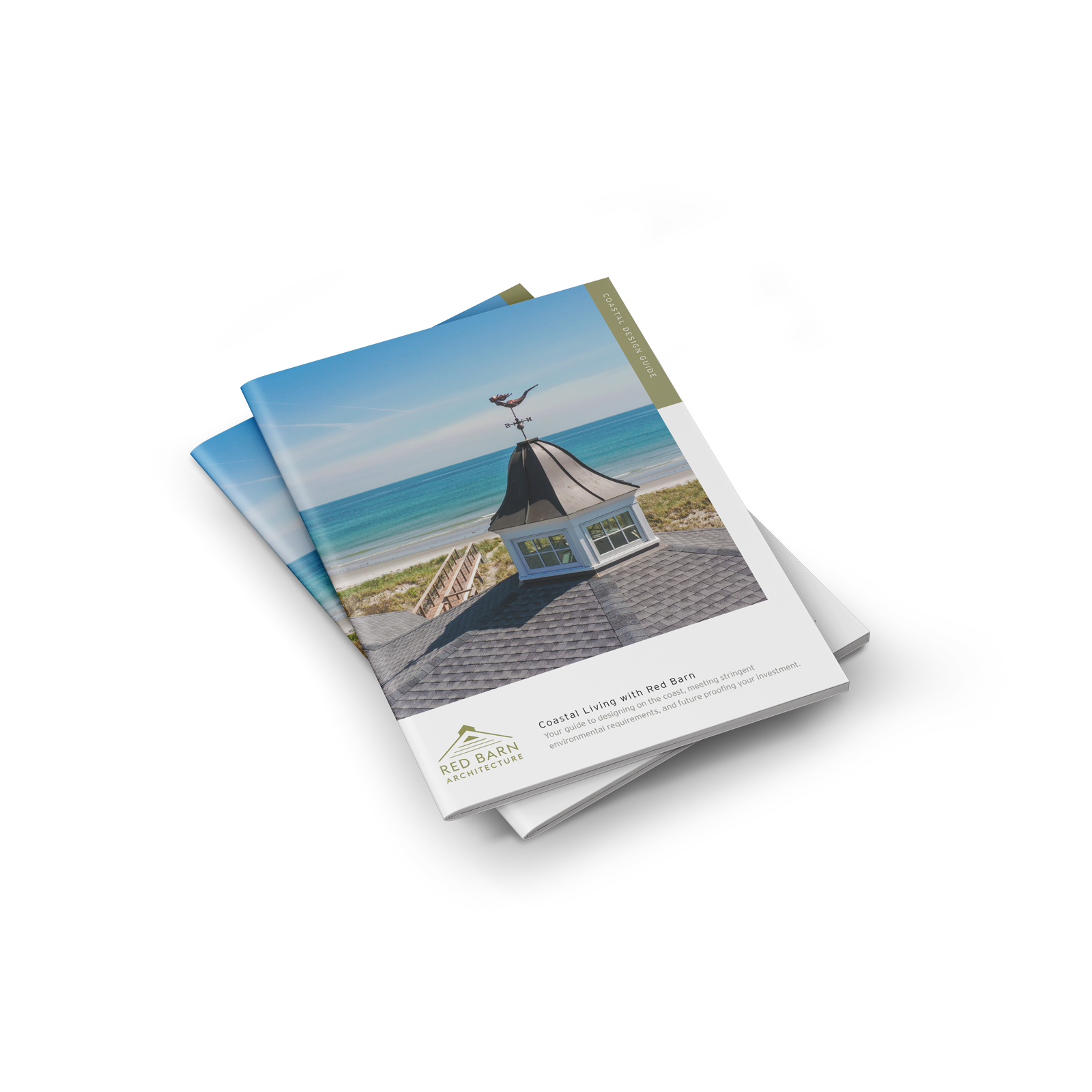 Booklet titled 'Coastal Living with Red Barn Barn' featuring a photograph of a house with a weathervane on a rooftop overlooking a beach with sand dunes and ocean in the background.
