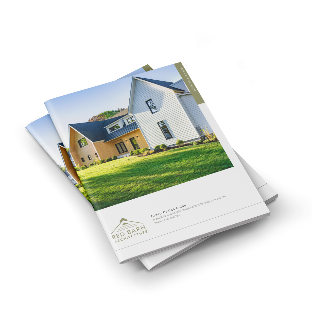 Booklet titled 'Green Design Guide' with an image of a modern house with white and wooden exterior siding and a green lawn on the cover.