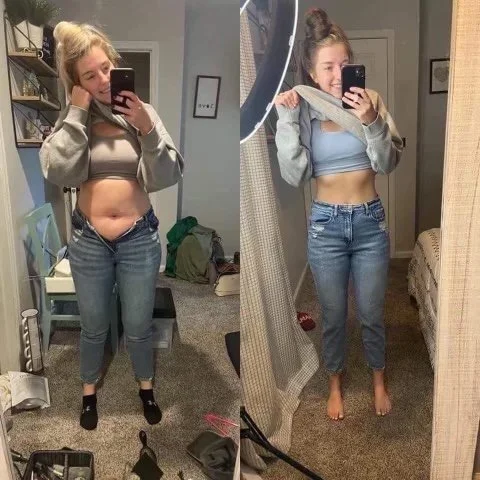 A girl taking a mirror selfie showcasing her transformation, revealing a slimmer waist and more defined abs, wearing different outfits in two side-by-side photos.