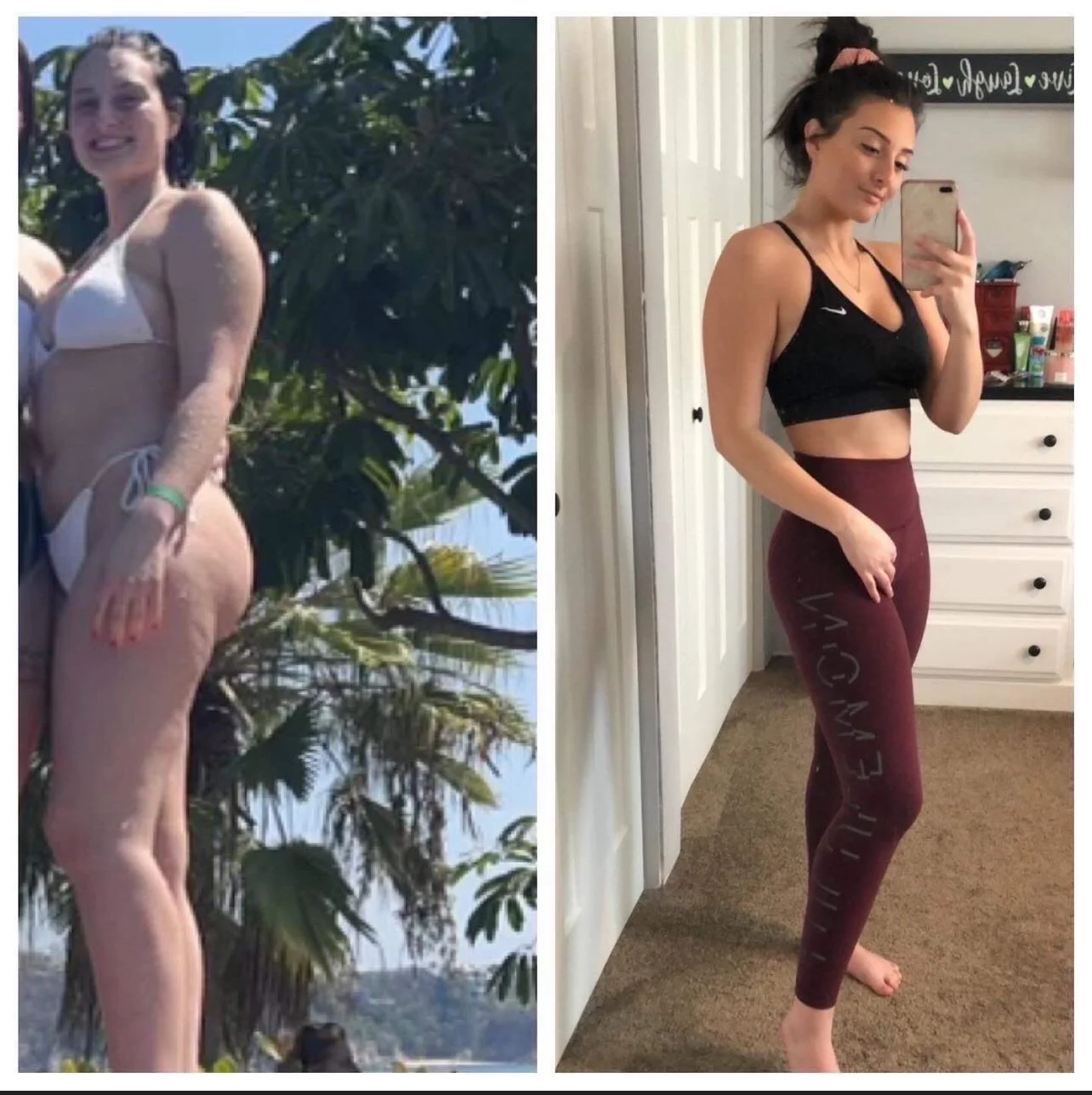 Side-by-side photos showing a woman's weight loss journey, with her on the left in a swimsuit outdoors, and on the right in workout clothes taking a mirror selfie indoors.