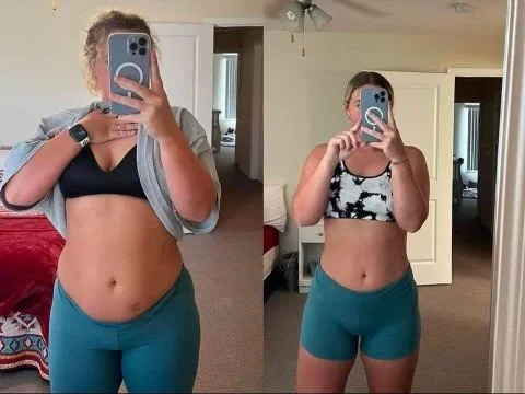 Side-by-side mirror selfies of a woman showing her stomach, wearing a sports bra and shorts in both photos.