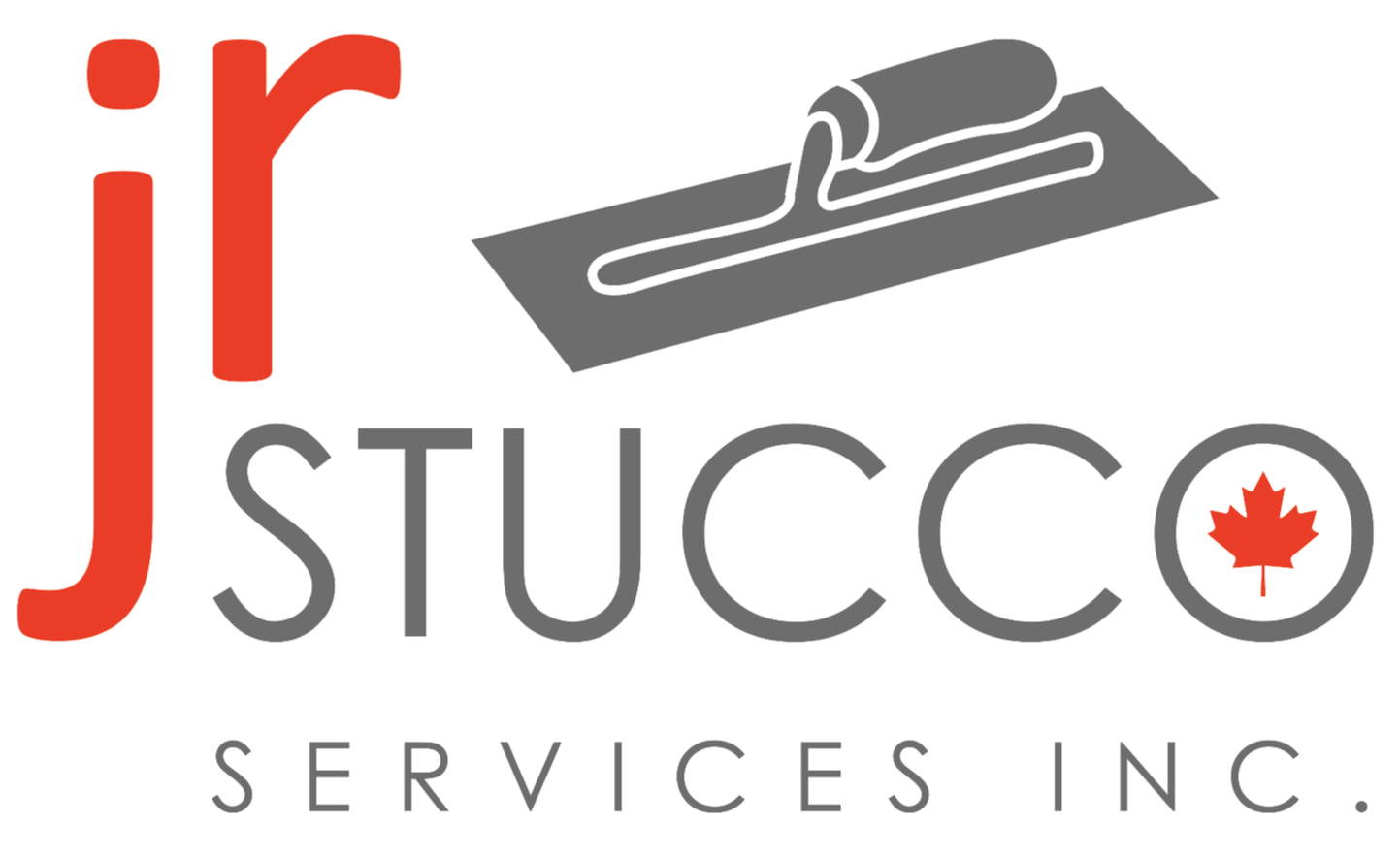 Logo with the words "J Stucco Services Inc." with a stylized trowel and a red maple leaf inside the letter "O".