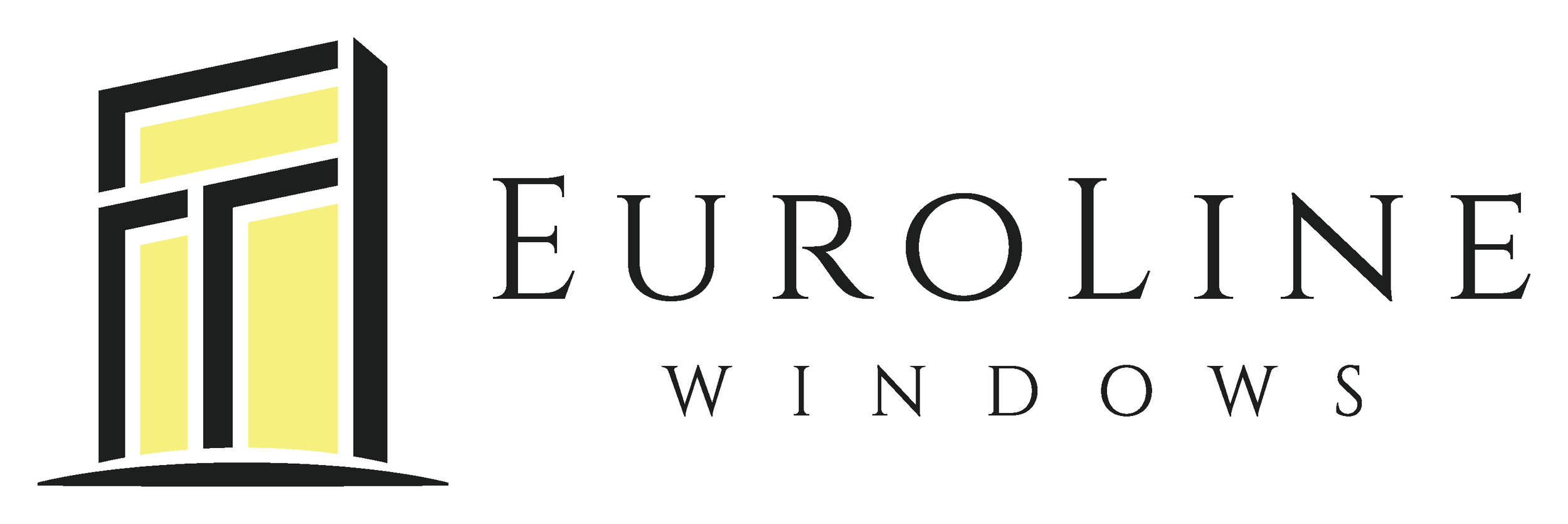 Logo of European Windows featuring an abstract window design with black outlines and yellow fill, and the text "EUROLINE WINDOWS" in elegant black font.