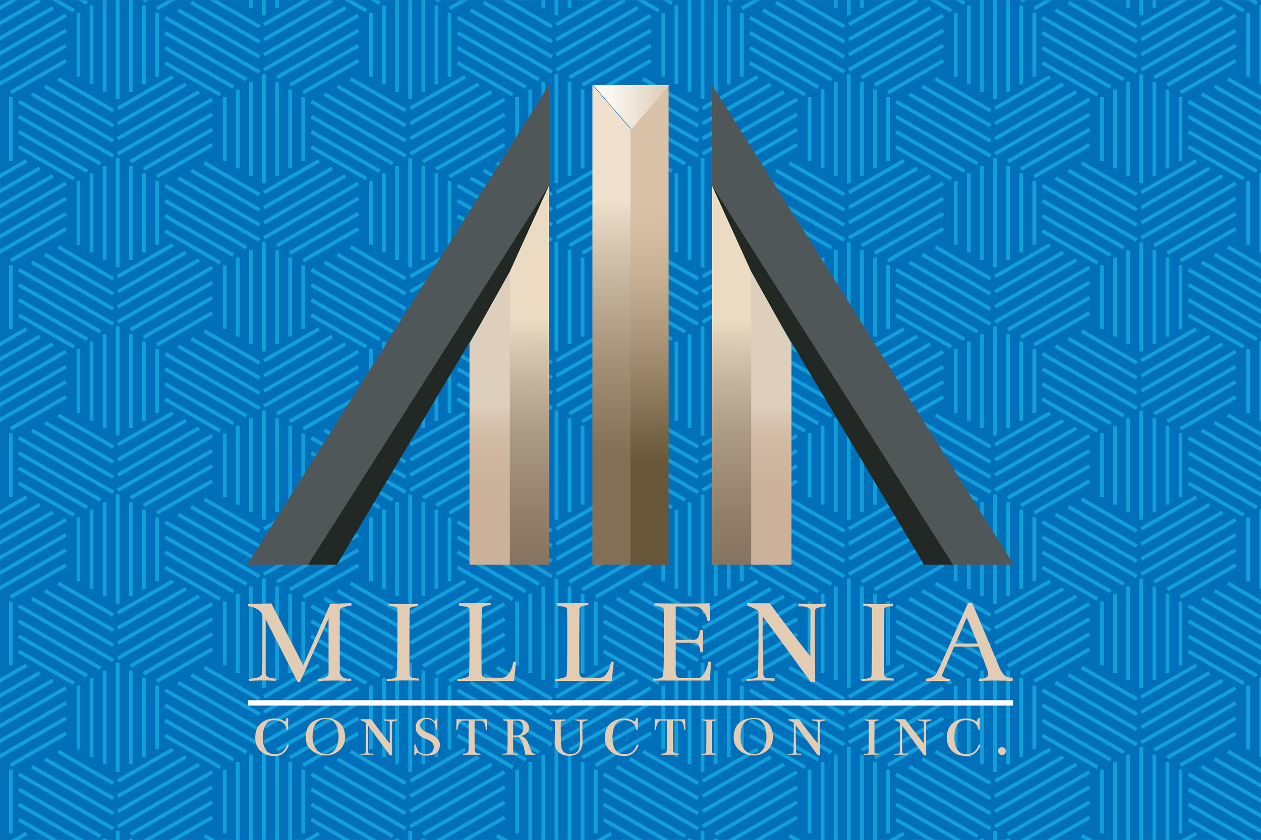 A geometric logo with three black and two gold vertical bars forming a peak, set against a blue background with a repeating geometric pattern. Below the logo, the text reads "Milennia Construction Inc." in beige.