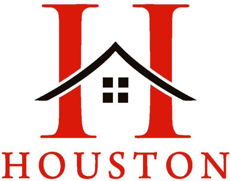 Logo for Houston housing company featuring a large red letter 'H', a black house roof with a small window, and the word 'HOUSTON' below.