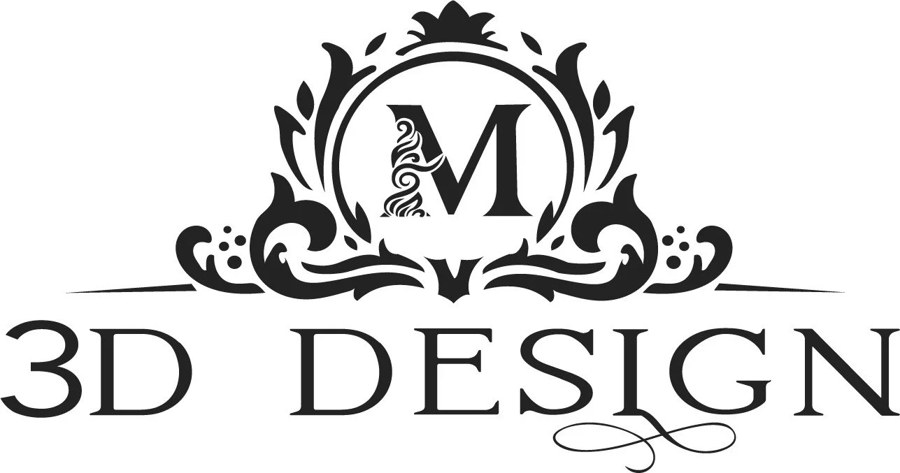 Black ornate crest with the letter M and a dragon, above the words 3D DESIGN.