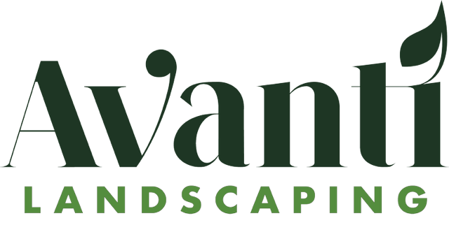 Logo for Avanti Landscaping with green and purple text and a leaf motif.