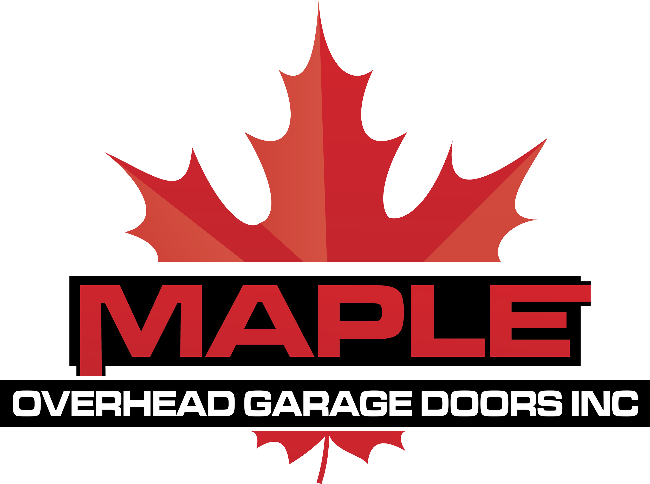 Logo for Maple Overhead Garage Doors Inc. featuring a red maple leaf and black background.