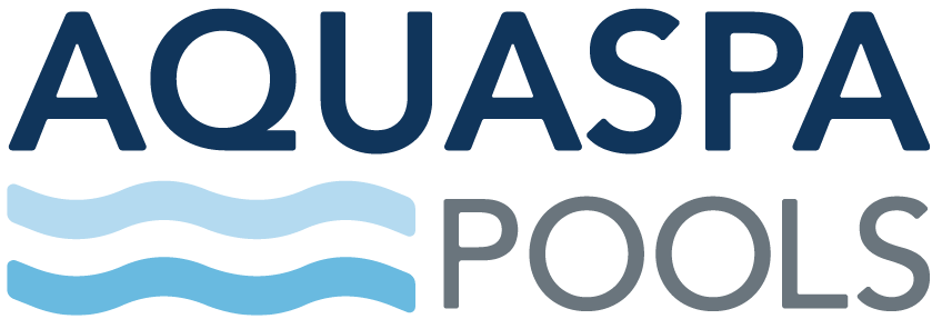 Aquaspa Pools logo with the word 'AQUASPA' in bold navy blue letters, three light blue wavy lines underneath, and the word 'POOLS' in gray letters.