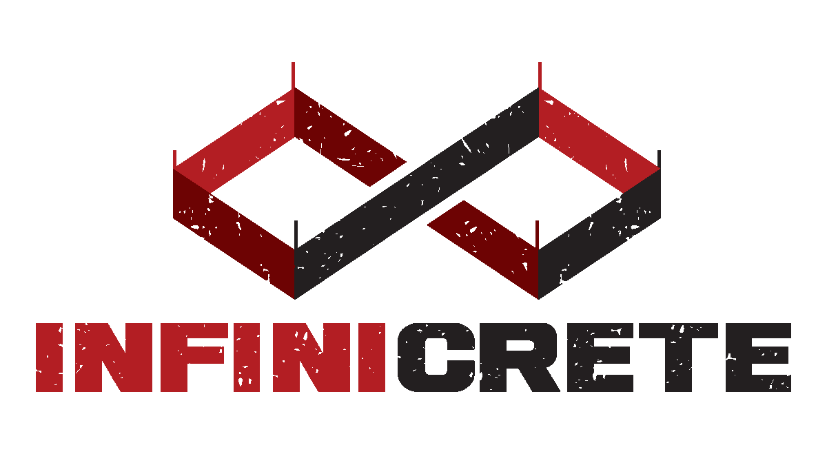A logo featuring an isometric 3D representation of two interconnected cubes, one red and one black, with the word INFINICRETE written below, where 'INFINI' is in red and 'CRETE' is in black.