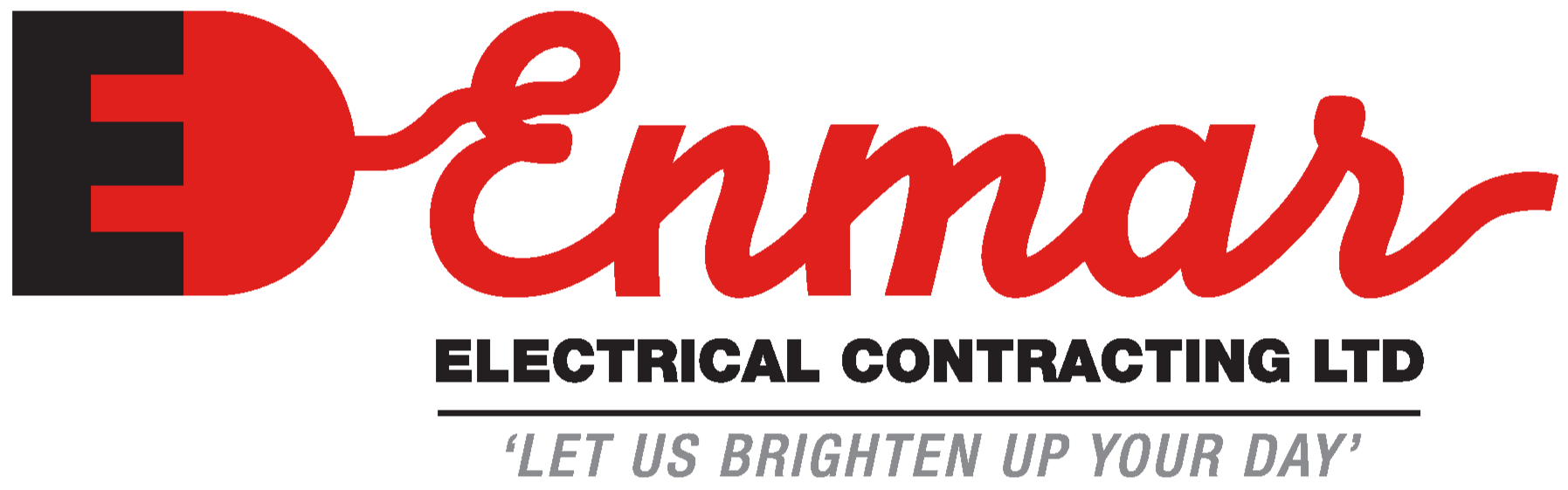 Logo of Enmar Electrical Contracting Ltd, featuring a stylized black and red electrical plug with the company name in red, black, and gray text, and the tagline 'Let us brighten up your day'.