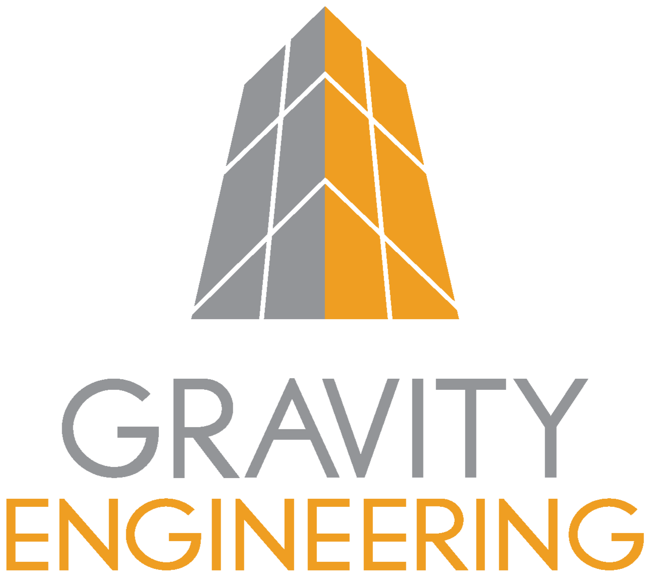Logo of a geometric, multi-colored building with the words 'Gravity Engineering' below.