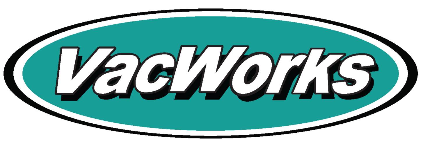 VacWorks logo in an oval shape with a teal background, black outline, and bold white and black text.
