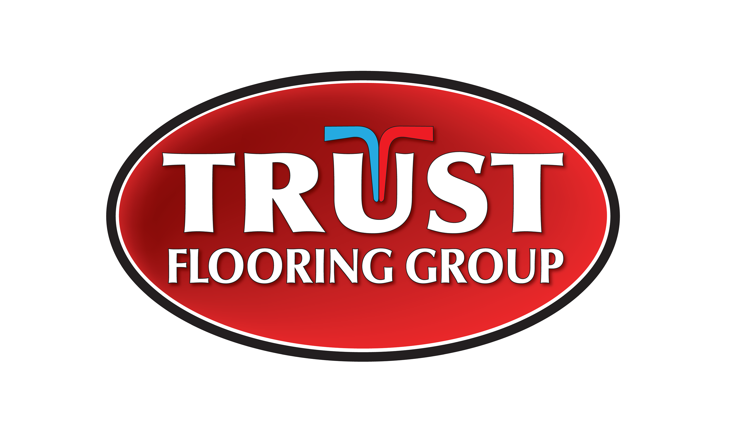 Logo for Trust Flooring Group with red background, black and white oval border, blue and red detail above the letter T, and white text.