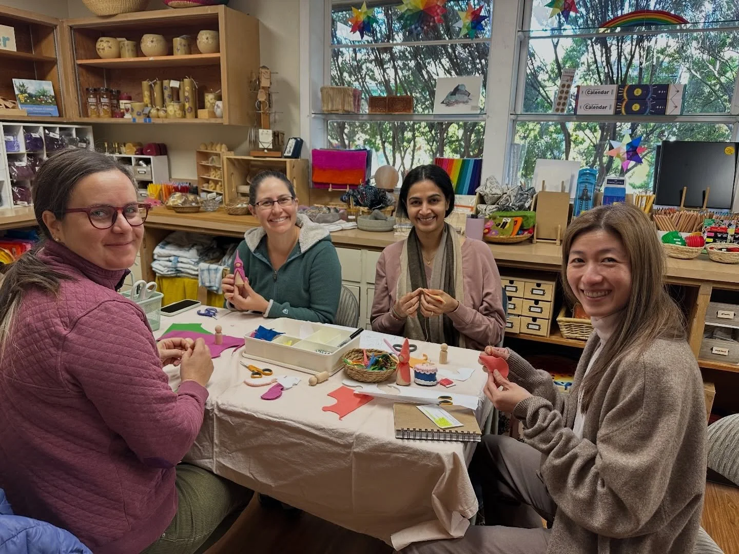 Yesterday, our Crafting Circle gathered to hand-sew felt clothes for wooden peg dolls, and the results are just as charming as the company. Come join us next time: Thursday April 23 after drop off in the Los Altos school store!