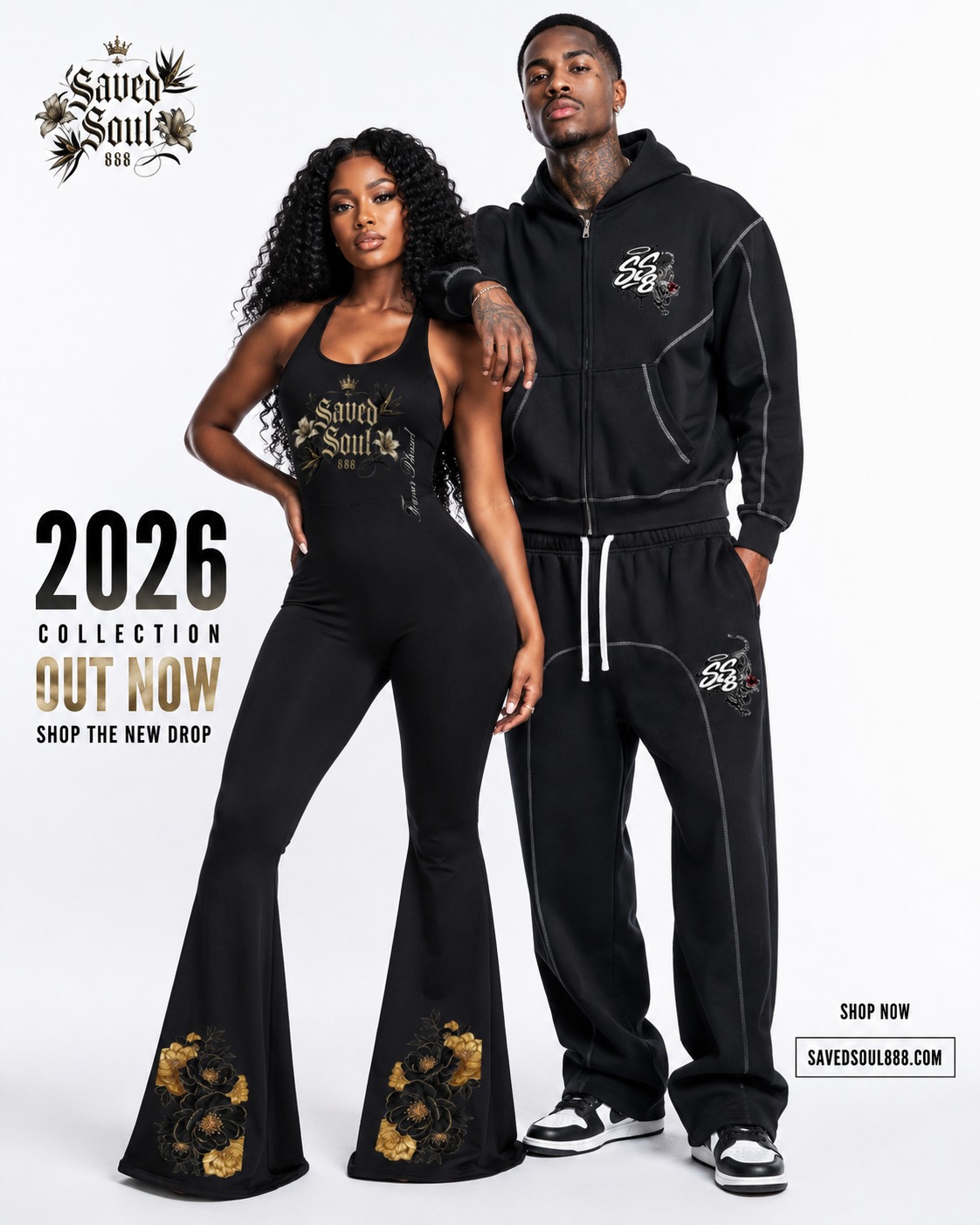 A man and woman modeling black clothing with gold and white accents in a studio with a white background. The woman wears a fitted jumpsuit with floral embroidery, and the man wears a hoodie and sweatpants, both featuring logos and designs. Text on th