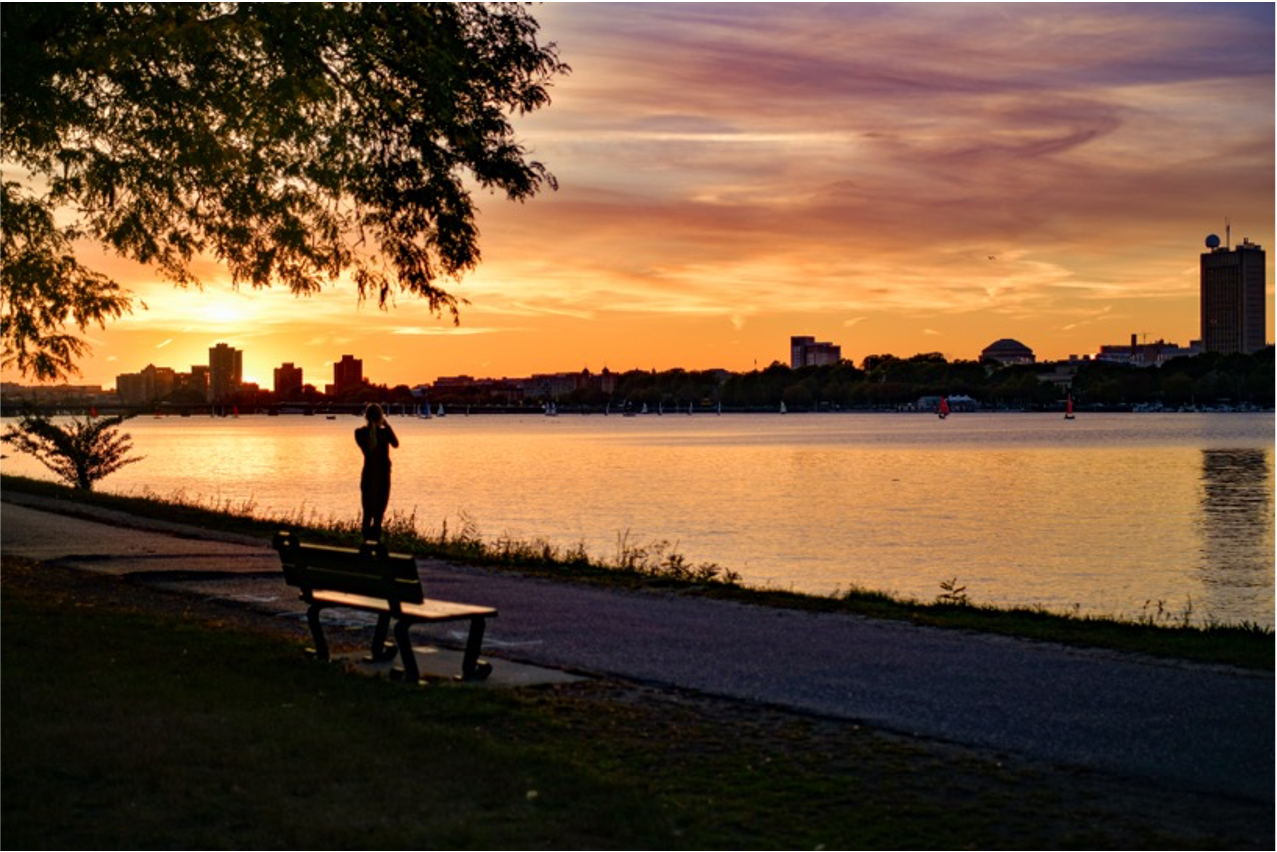 A person standing on a pathway near a body of water at sunset, with a city skyline and sailboats in the background, and trees framing the scene.