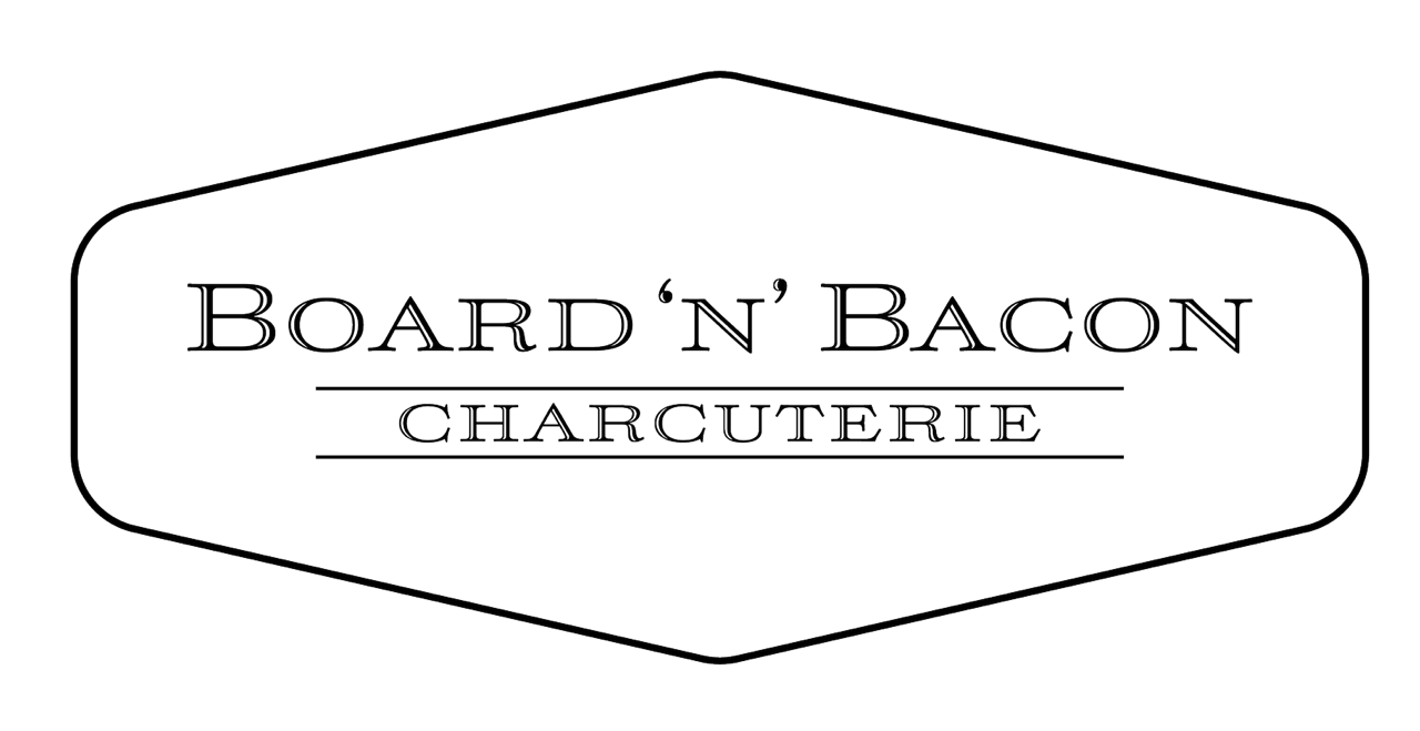 Logo for Board n' Bacon Charcuterie with a rounded rectangular border, white text on a black background.