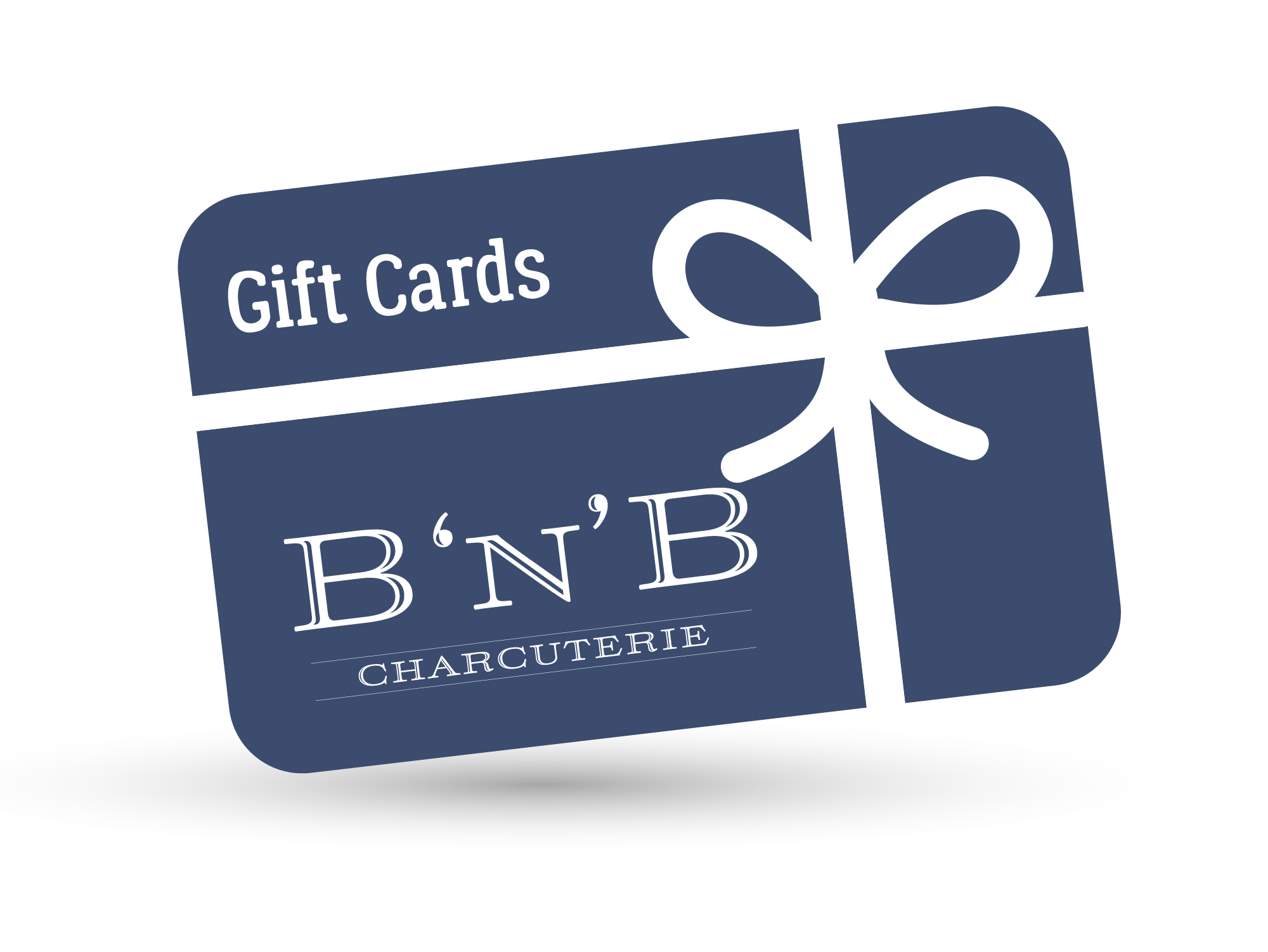 Illustration of gift cards with B'N'B Charcuterie branding and a white ribbon bow.