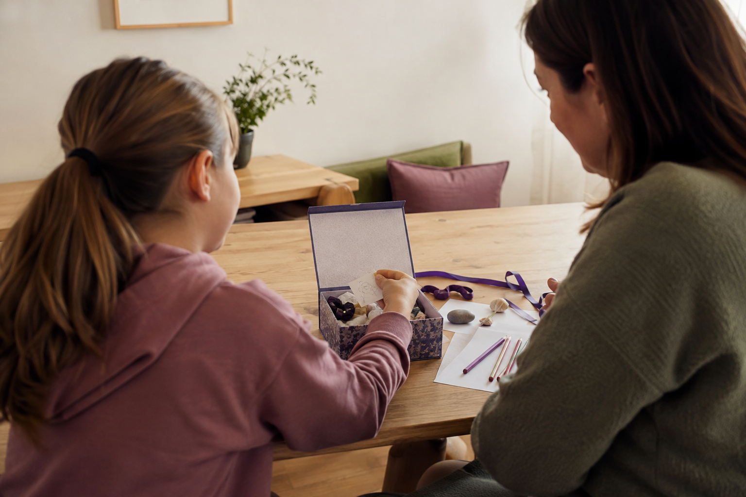 A child and trusted adult sitting together at a table while making a memory box.