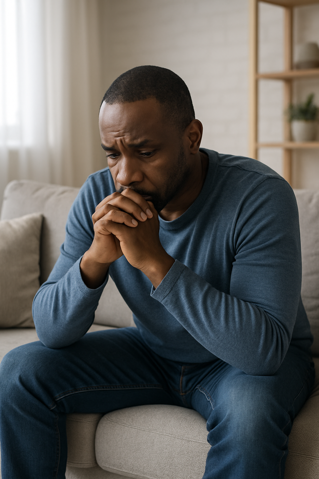 Black man sitting on the edge of a sfa this is has clasped together infront of his face with a worried look on his face