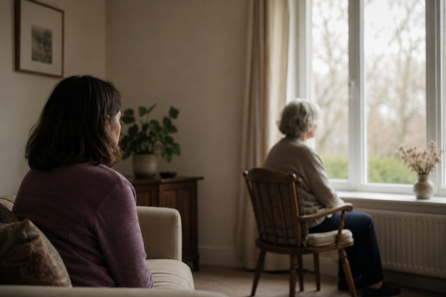 An adult woman sitting behind an older woman who is looking out of a window in a quiet room.