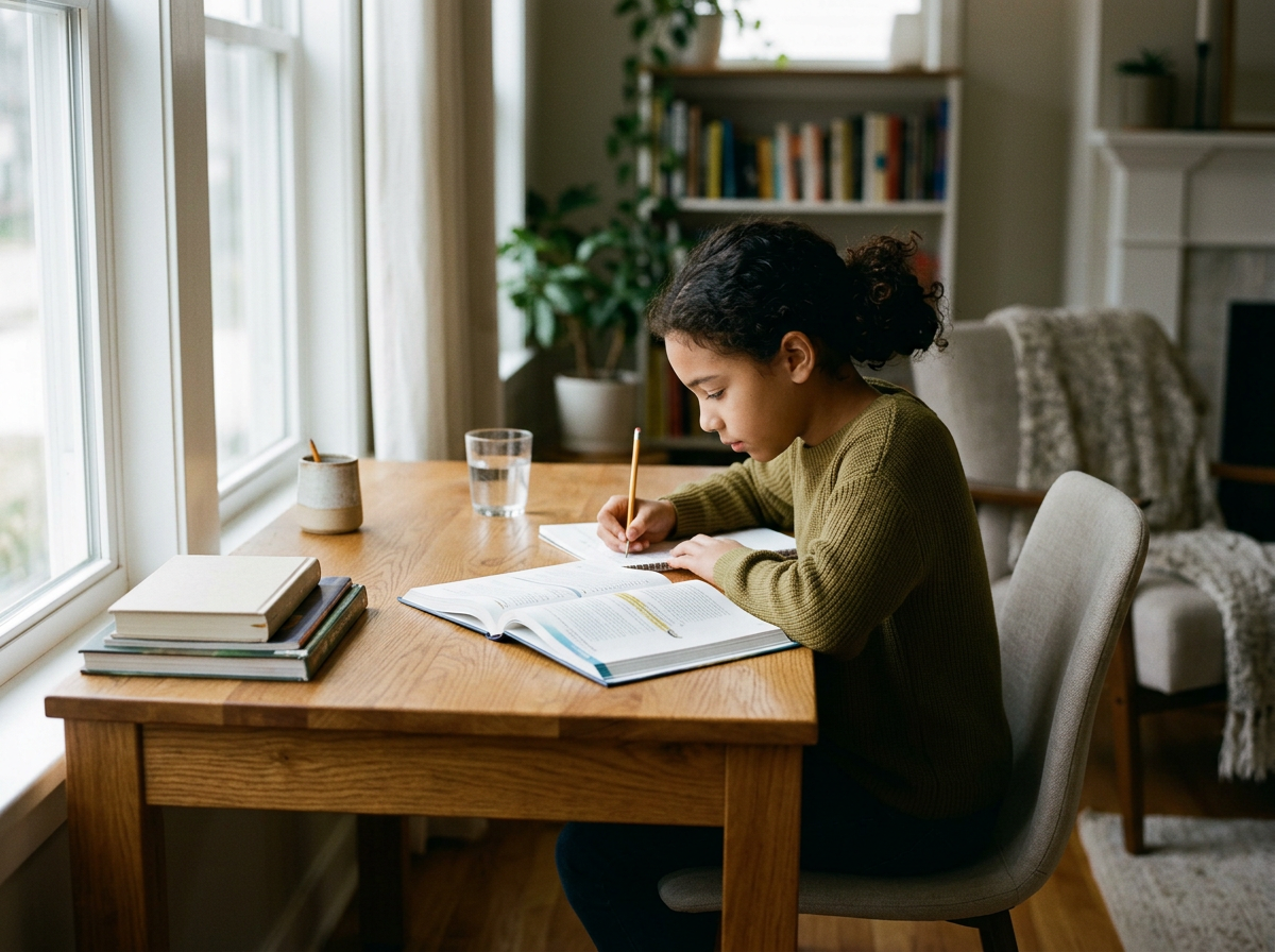 Young person completing written work at a table with one-to-one support