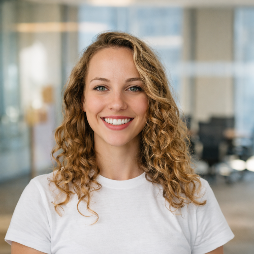 Smiling woman with curly blond hair wearing a white t-shirt in an office setting.