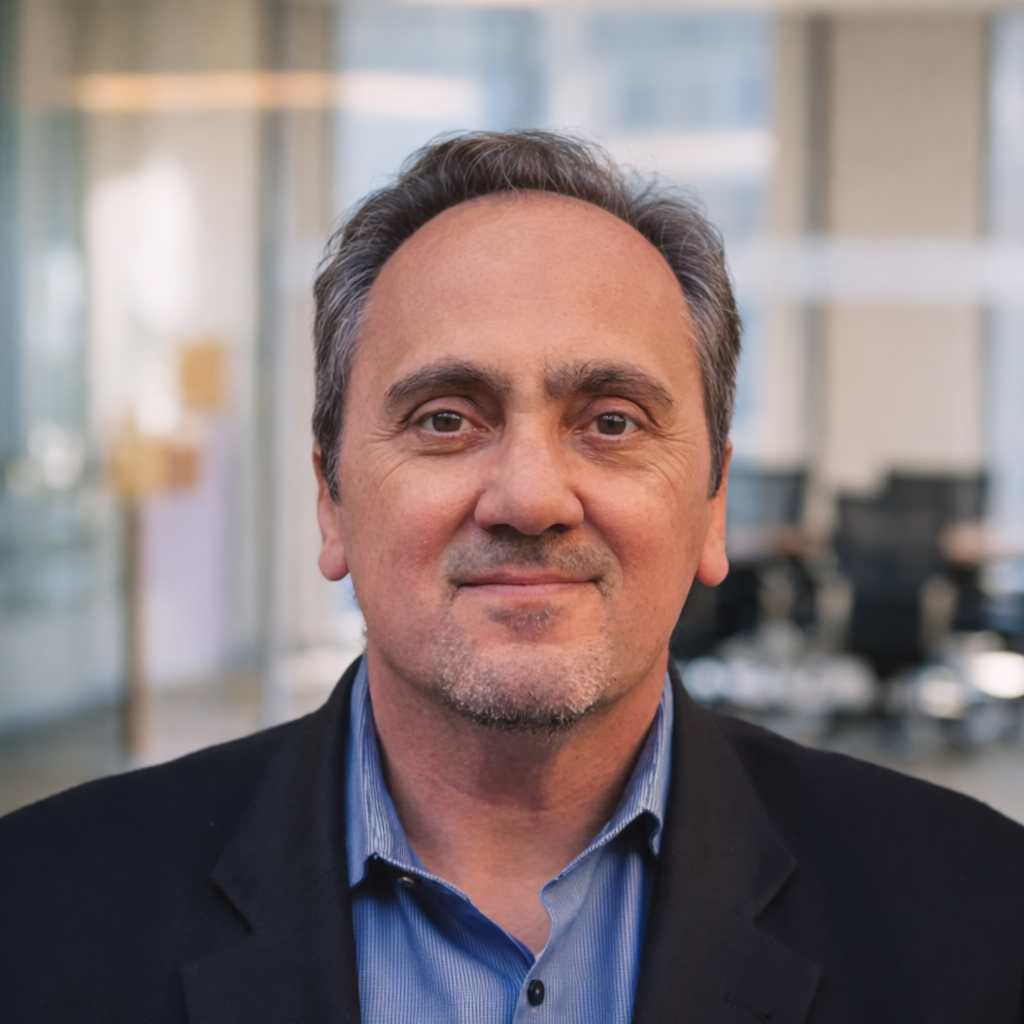 Close-up portrait of a middle-aged man with gray hair, wearing a blue collared shirt and a black blazer, standing in front of a brick wall.