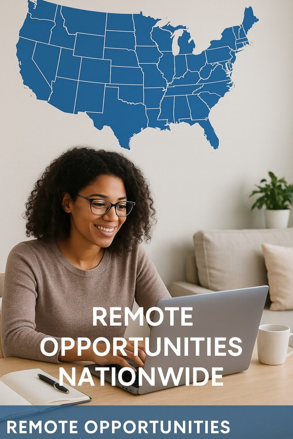 A woman with curly hair and glasses working on a laptop at a table, with a map of the United States on the wall behind her. The text on the image reads, 'Remote Opportunities Nationwide'.