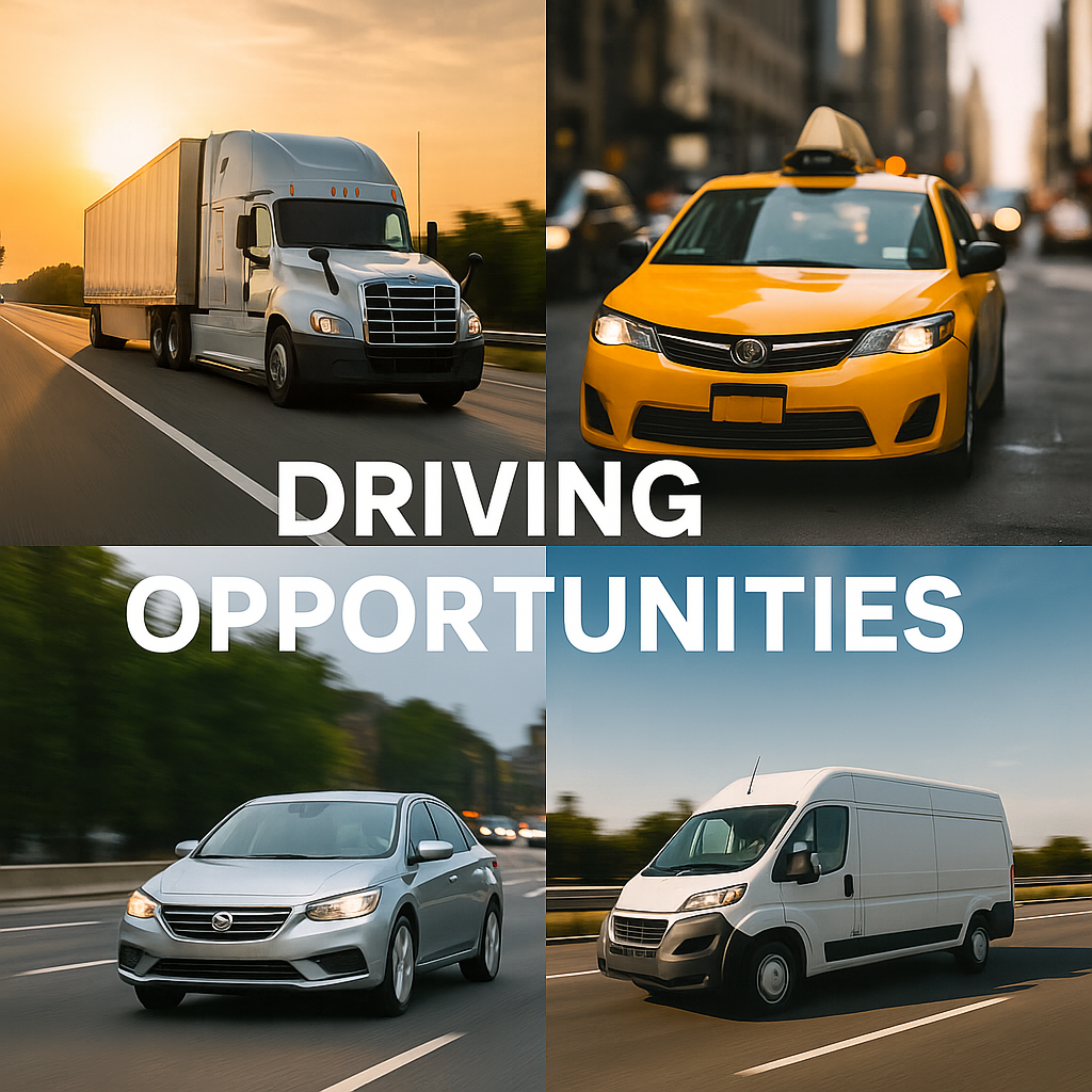 Collage of four different vehicles on the road: a semi-truck, a yellow taxi, a silver sedan, and a white cargo van. Overlaid text says "Driving Opportunities."