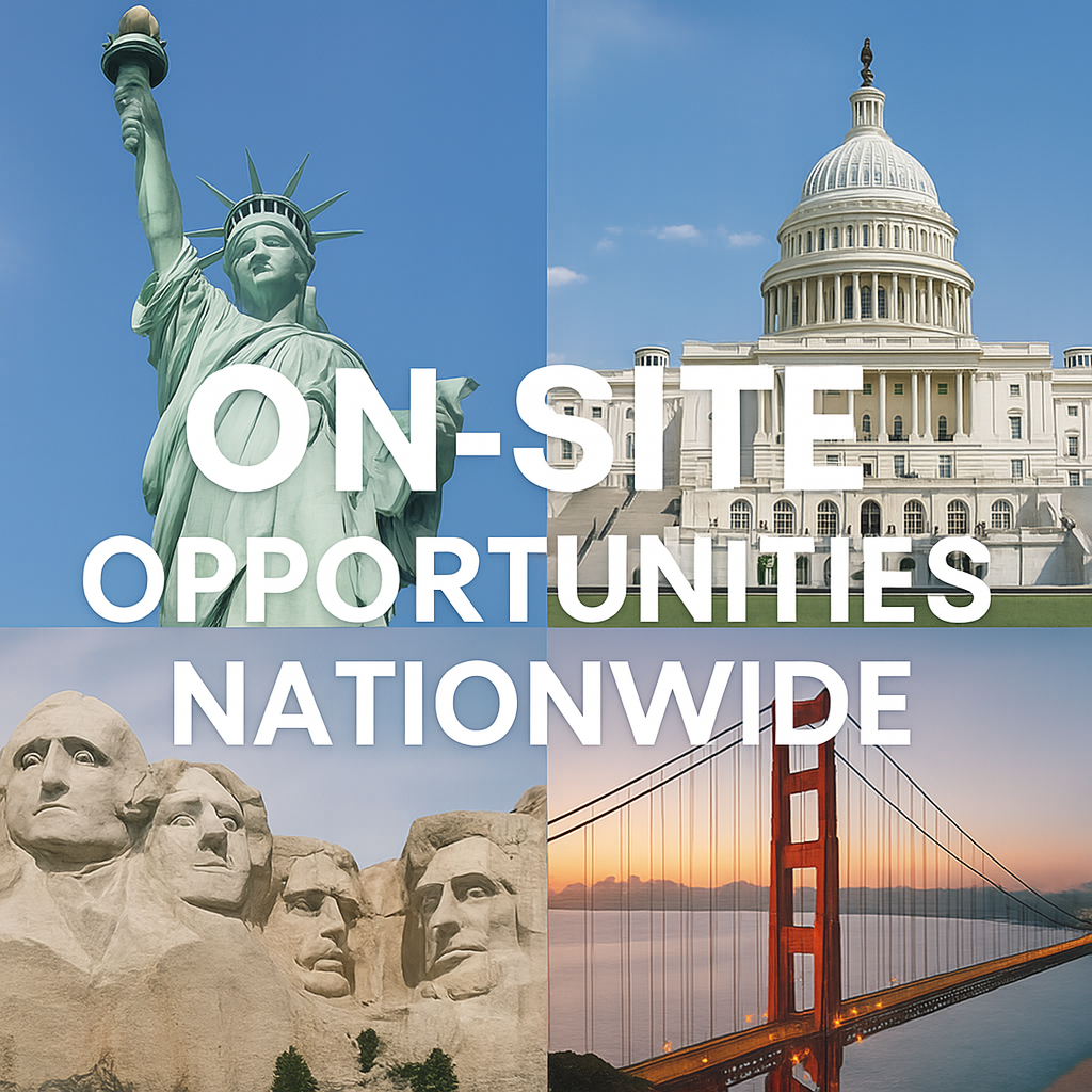 Collage of four iconic American landmarks: the Statue of Liberty, the U.S. Capitol, Mount Rushmore, and the Golden Gate Bridge. Overlaid text reads 'On-Site Opportunities Nationwide.'