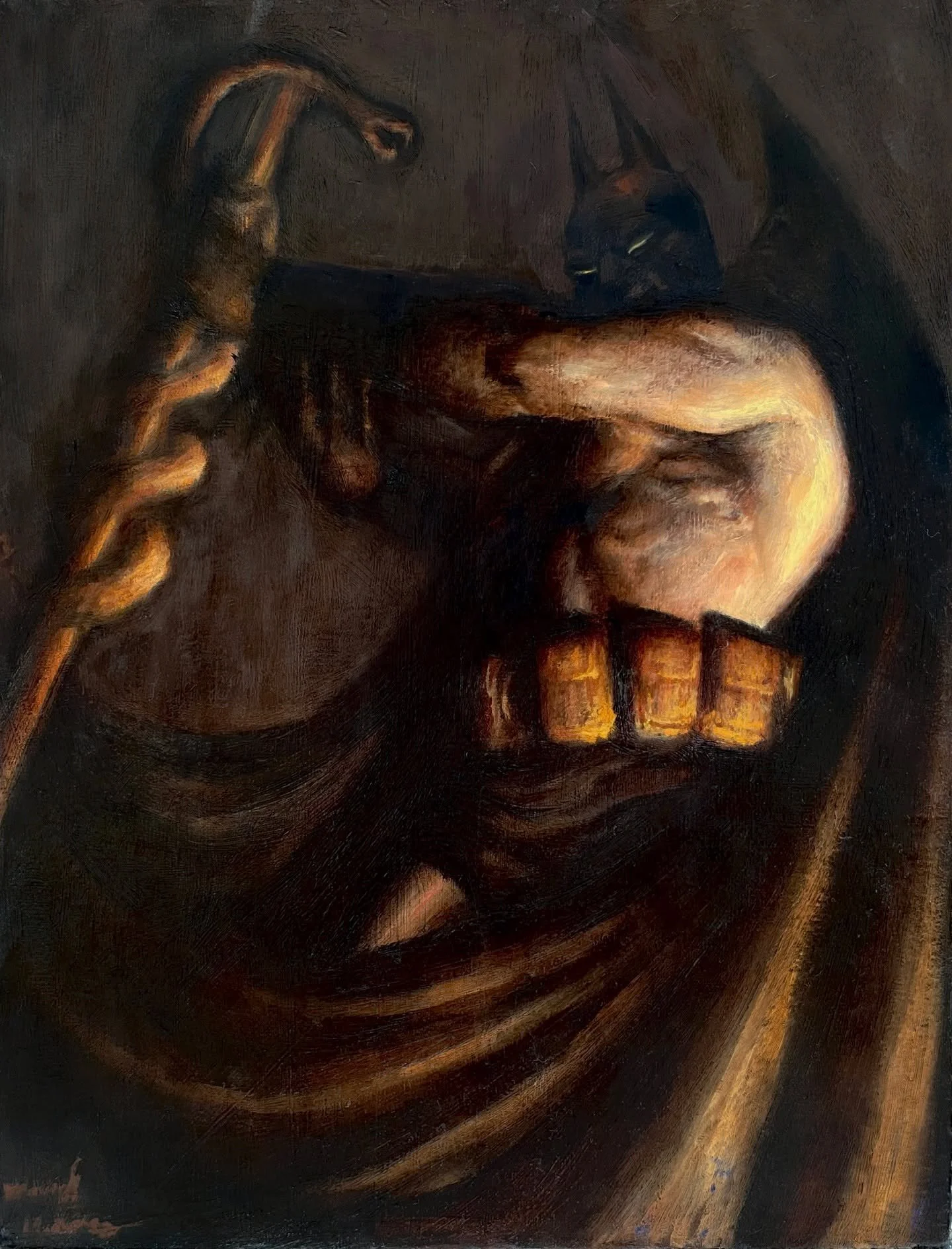 The Arkangel
Handmade oil on wood panel

I wanted to take a crack at this idea in oil because I was not satisfied with the watercolor version. I prefer being able to build up the painting in layers and work back into the drawing to refine it. I also 