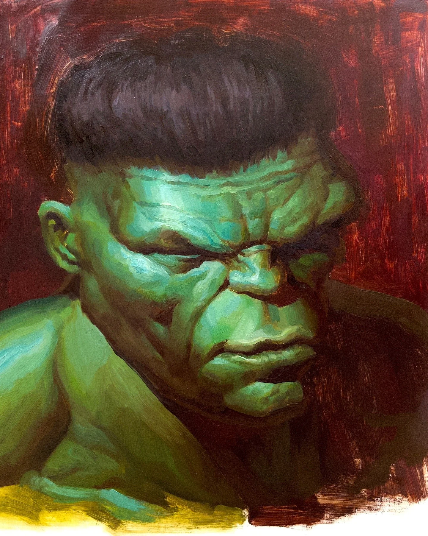 A recent portrait of Hulk and a better photo of my Batman: The Arkangel. The Hulk portrait was an opportunity for me to play around with greens since I don't tend to incorporate a lot of green in my work. It was also a great exercise for combining re