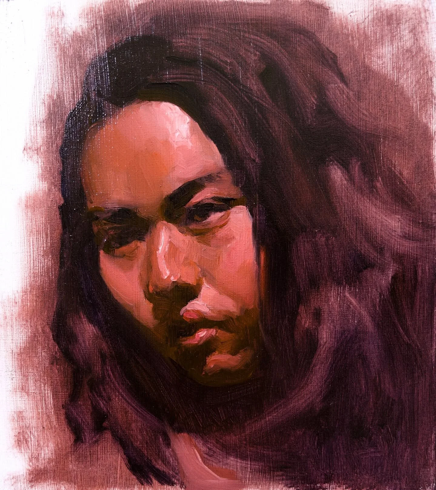 I got some Michael Harding paint for Christmas because I wanted to try some unfamiliar colors. In this portrait, I simply used my Titanium White, my Ultramarine Blue, and Michael Harding's Permanent Orange, which is a pyrrole pigment (PO73). I love t