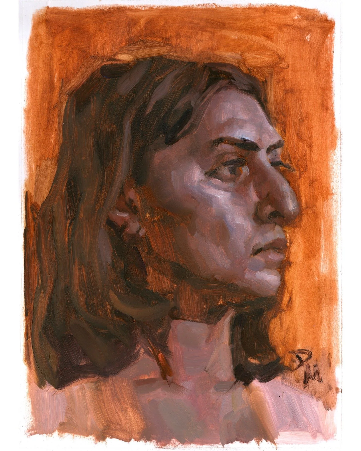 I did this portrait from life about two weeks ago. I wanted to challenge myself to experiment with a almost complementary palette. I used Yellow Lake (PY74) and a violet mixed from Permanent Orange (PO73) and Ultramarine Blue. They're not perfect com