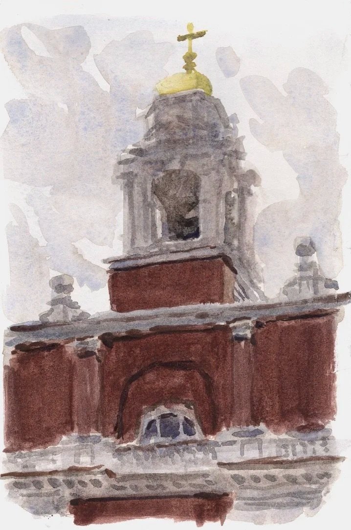 St. Stephen's Catholic Church (plein air)- 9"x6", Handmade watercolor on paper