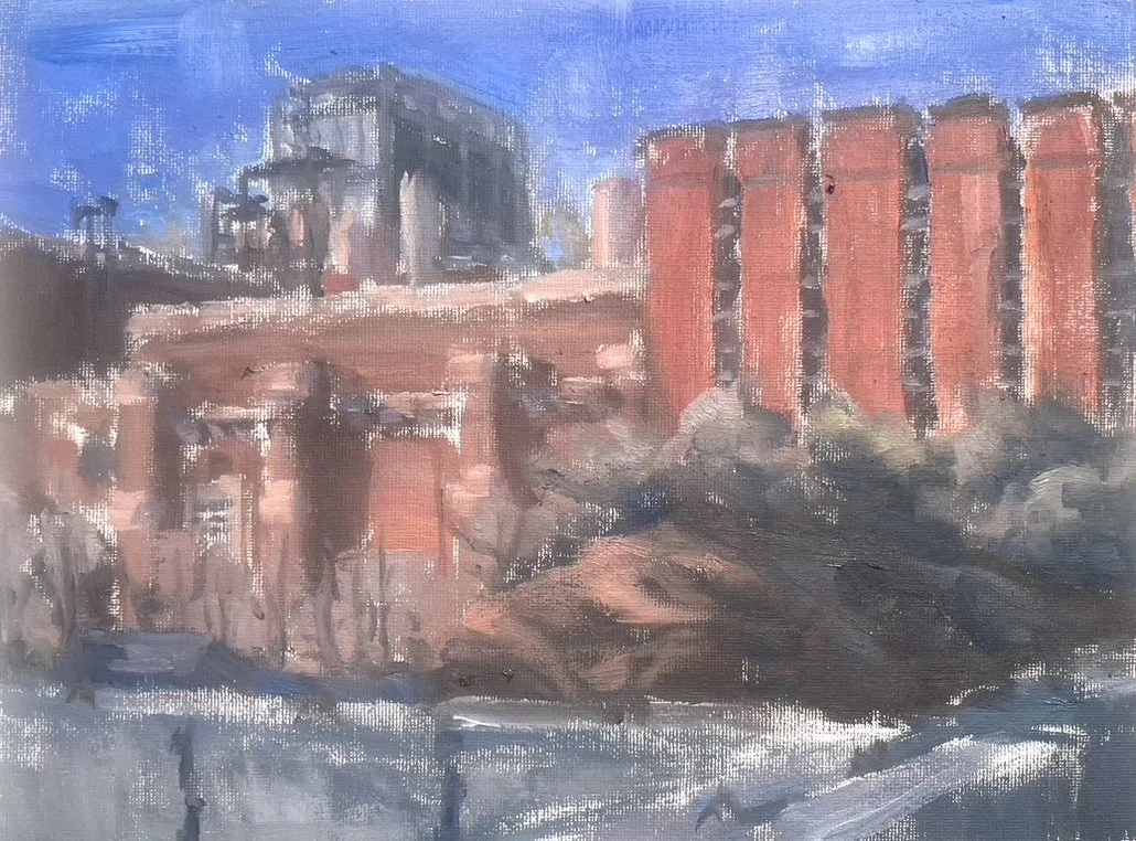 Ball State West Quad Building - 9"x12", Oil on panel