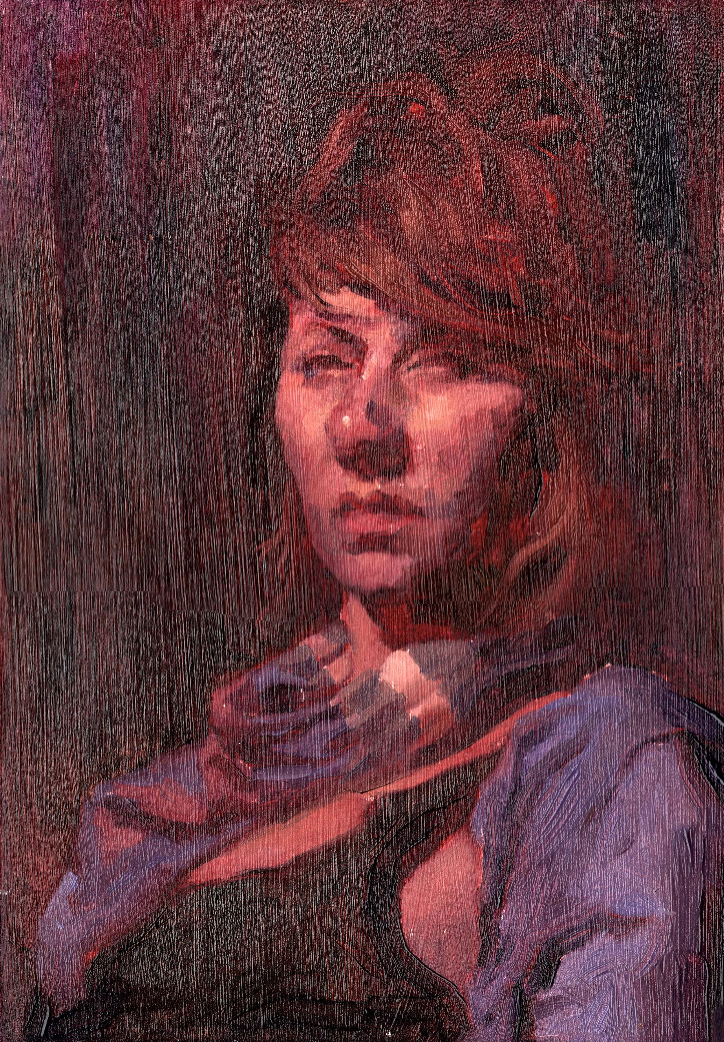 Woman with a Scarf - 14.625"x9.75", Handmade oil on panel