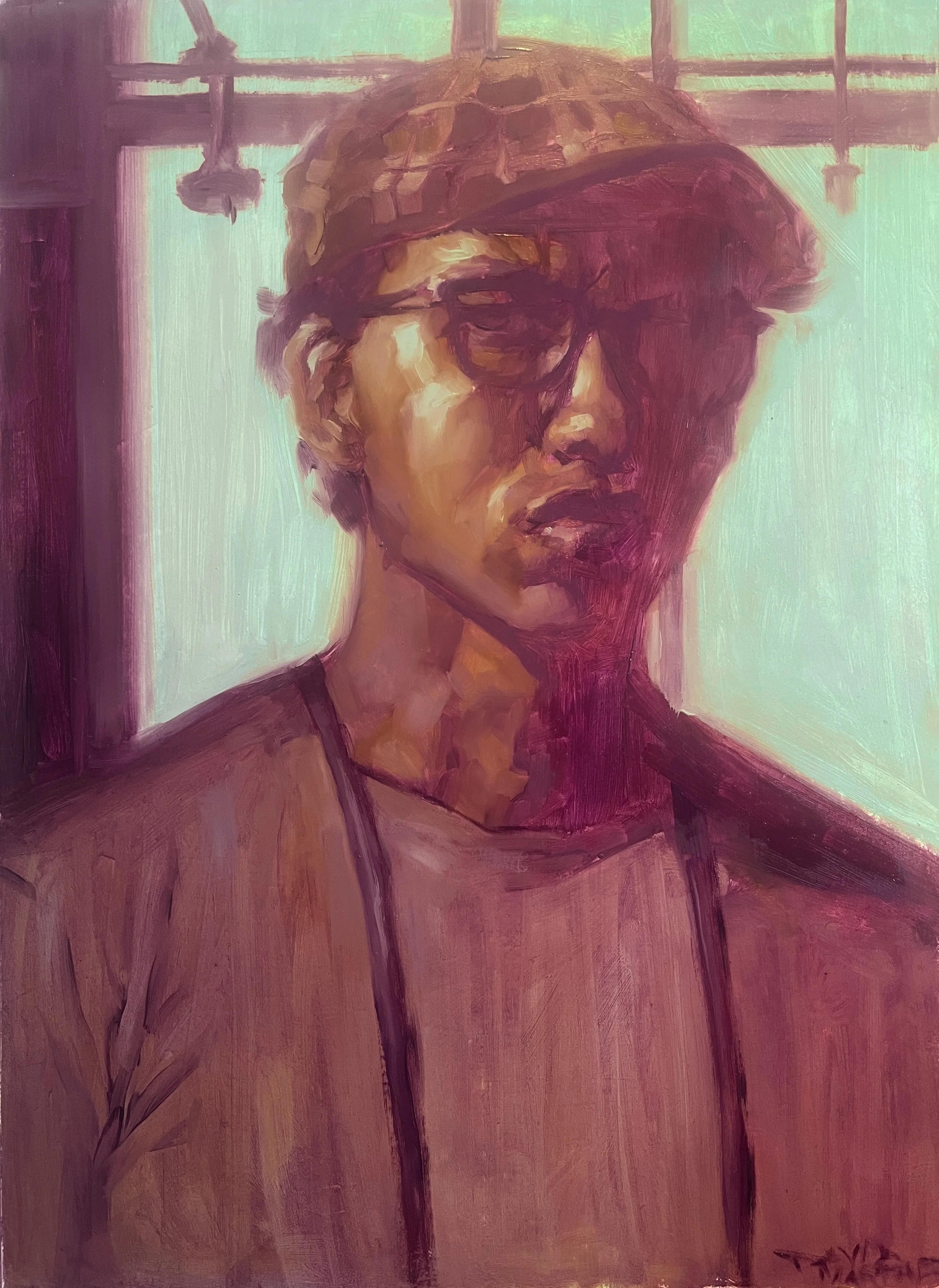 Self-Portrait with Limited Palette - 30'x22", Handmade oil on primed paper