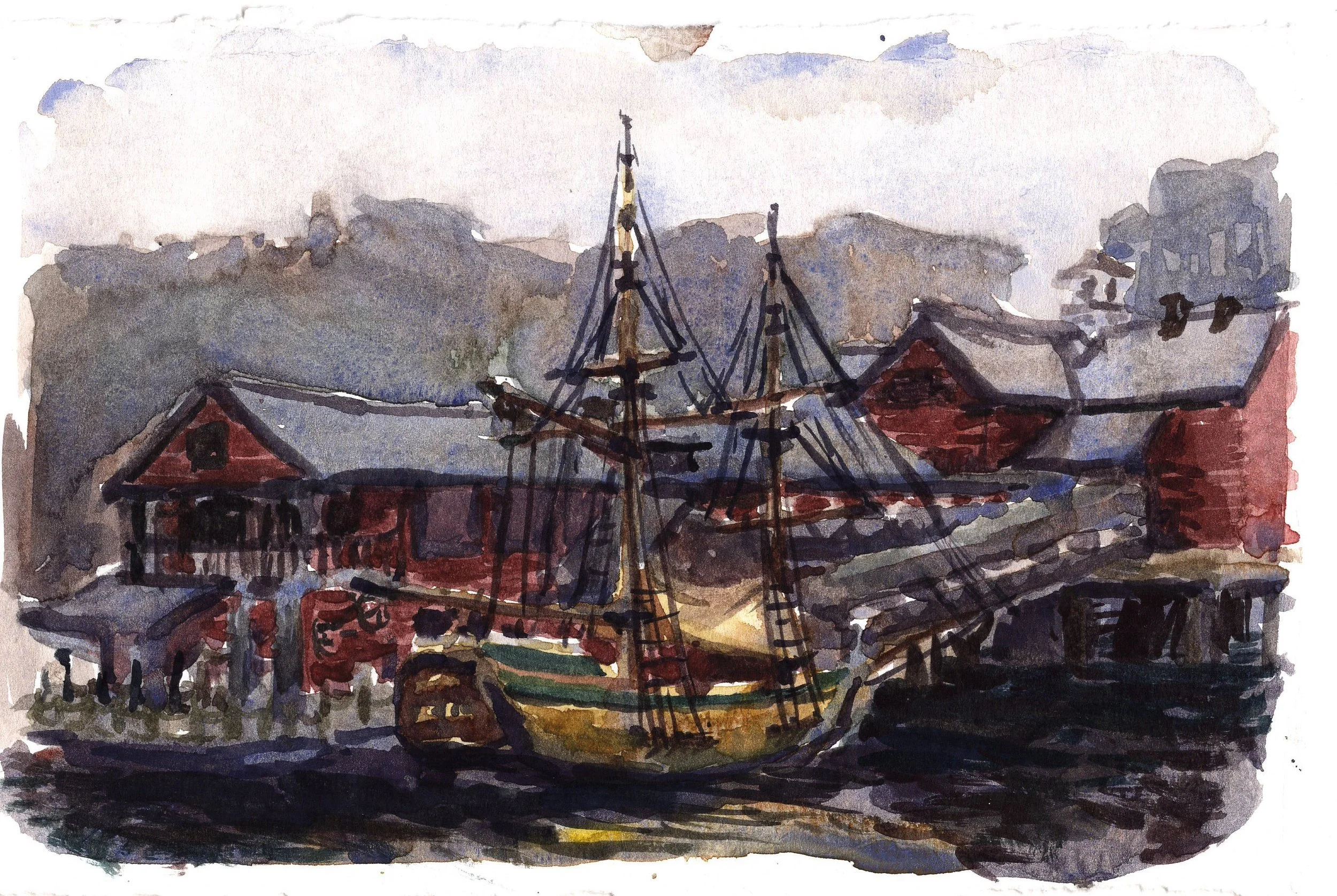 Boston Tea Party Museum - 6"x9", Handmade watercolor on paper