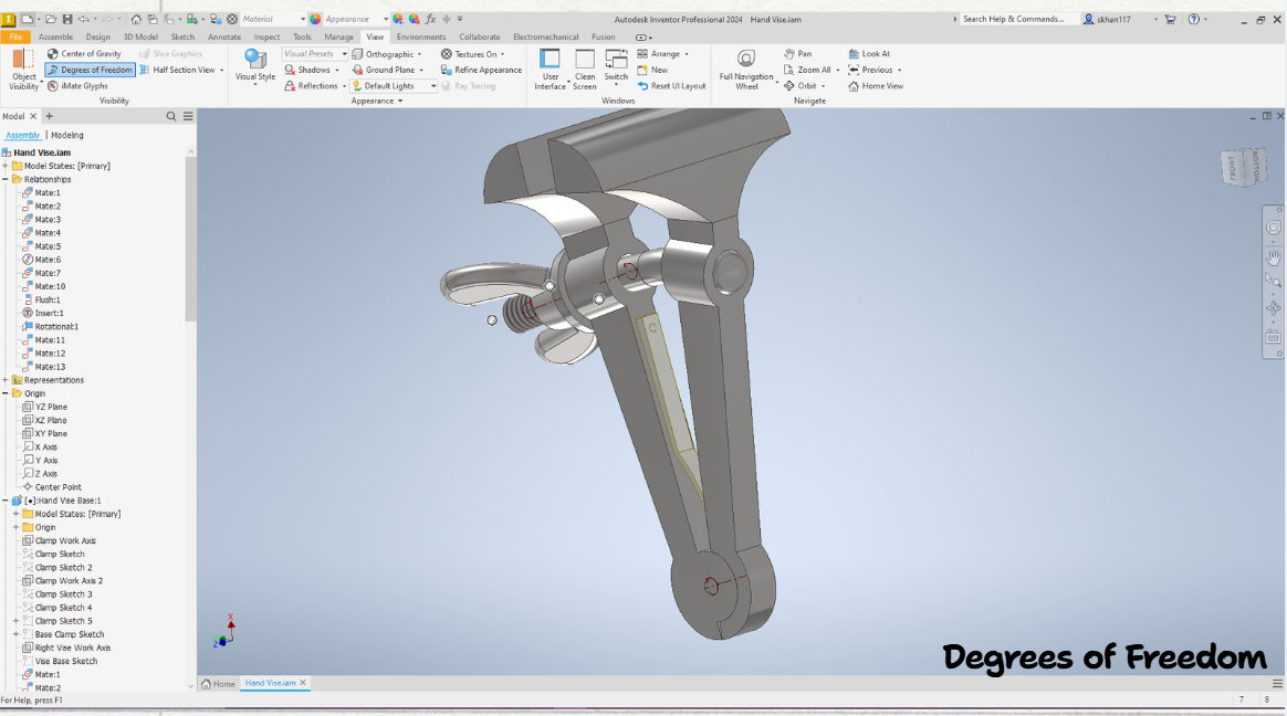Degrees of freedom; components that rotate on the hand vise.