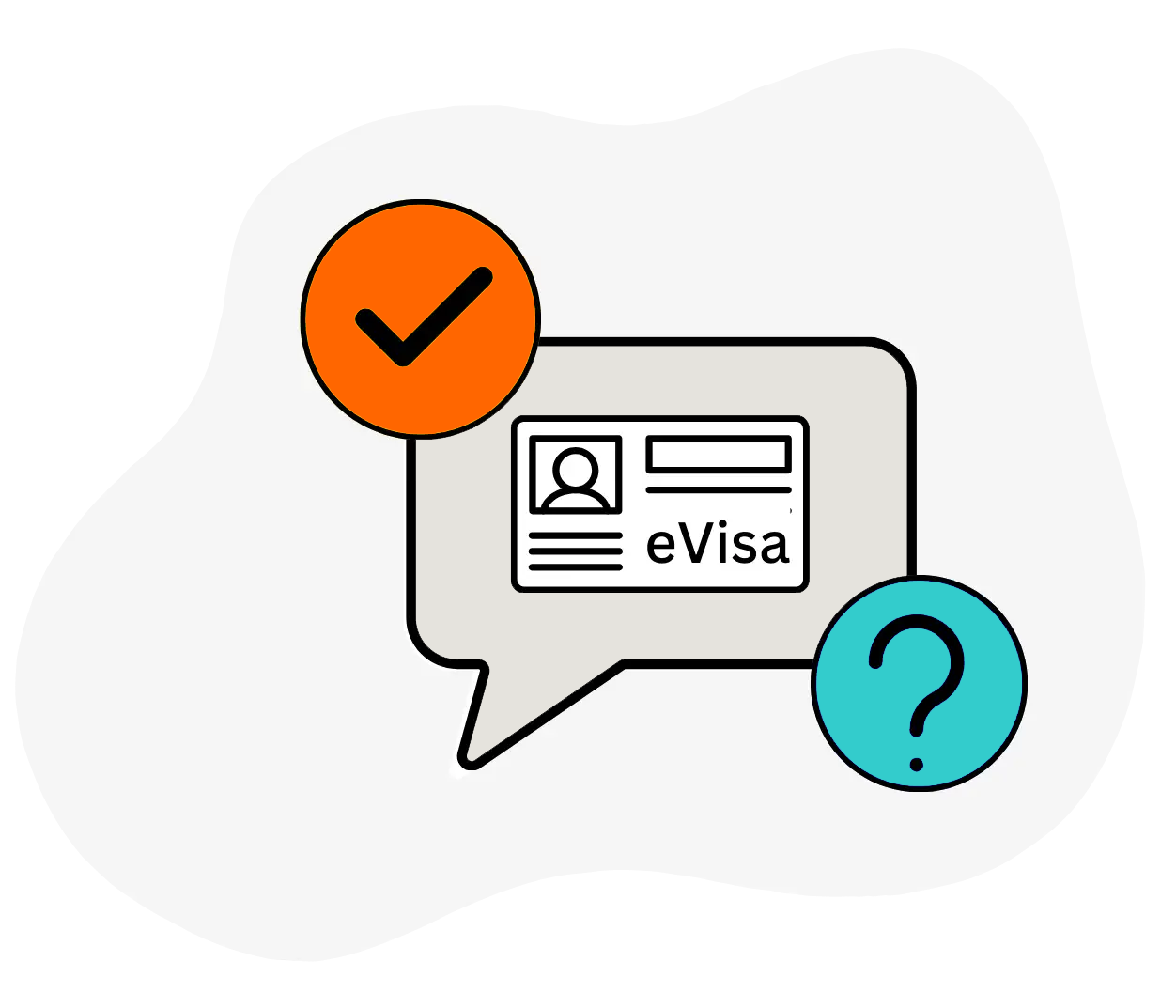 Illustration of a digital ID card labeled eVisa inside a speech bubble, with a green checkmark badge and a blue question mark