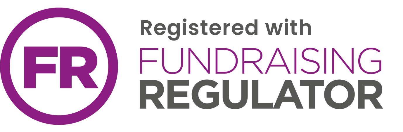 Logo with purple circle containing 'FR' letters and text reading 'Registered with Fundraising Regulator' with 'Fundraising' in purple and the rest in gray.