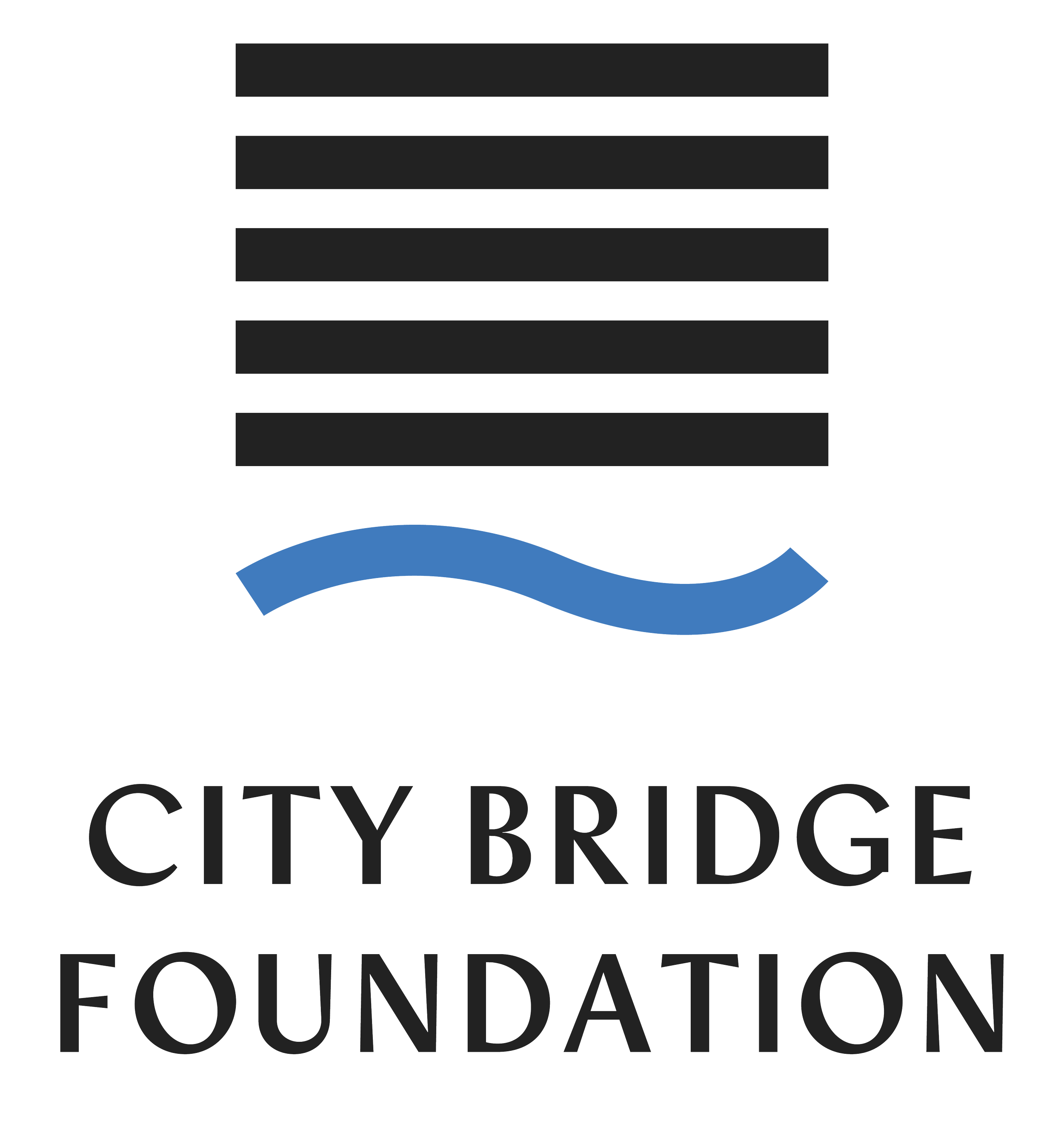 Logo for the City Bridge Foundation featuring a stylized blue bridge and black text.