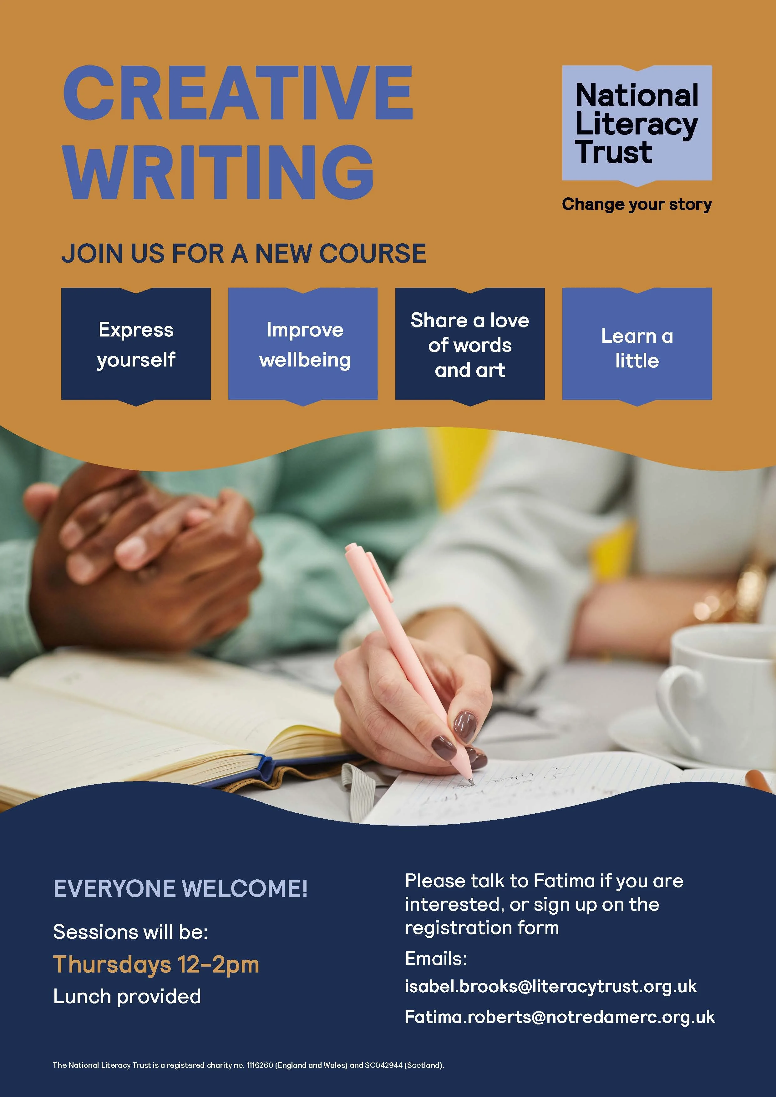 Creative Writing Course, National Literacy Trust, learn how to express yourself, improve wellbeing, share a love of words and art and learn.