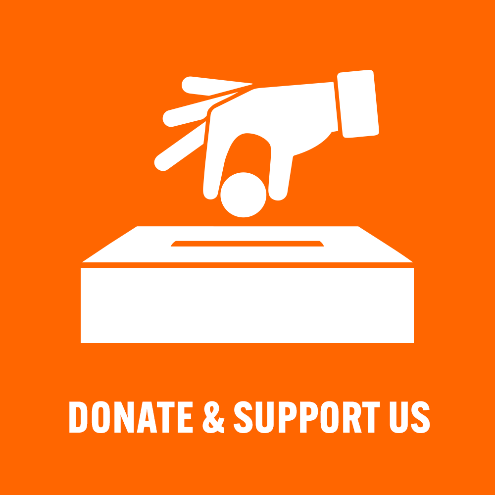 A graphic with a white hand dropping a coin into a donation box, with the text 'DONATE & SUPPORT US' below, all on an orange background.