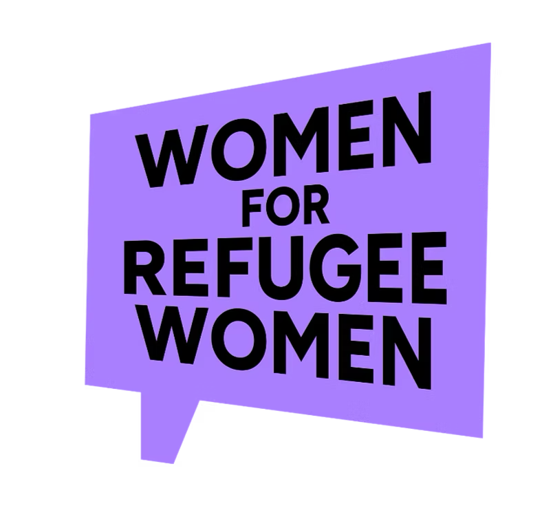 Purple speech bubble with black text reading "Women for Refugee Women".